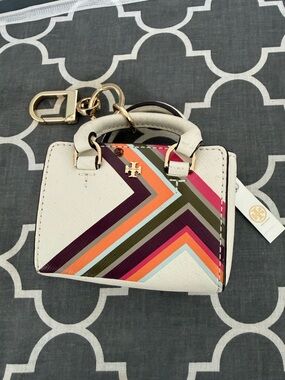 Tory Burch White Mini Satchel Key & Card Holder with Multicolor Chevron Stripes